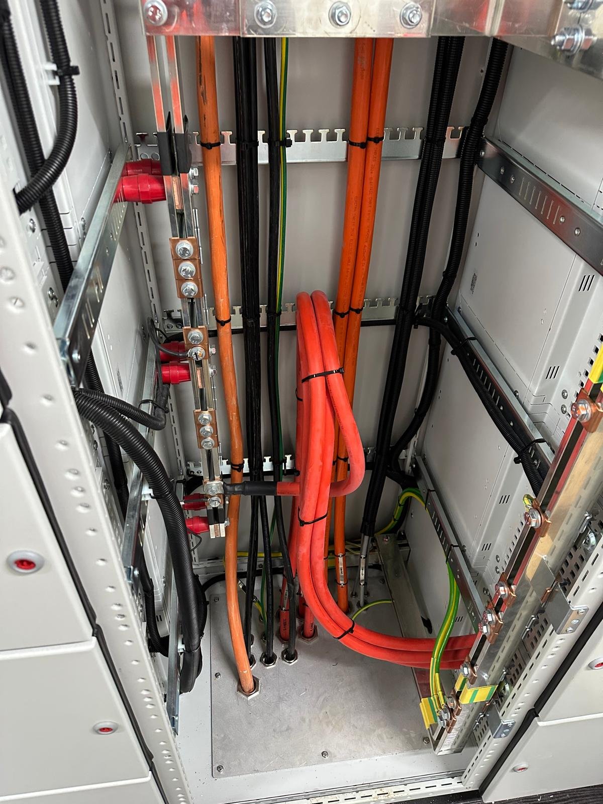 Commercial main switchboard with organised high-capacity cabling and earthing connections